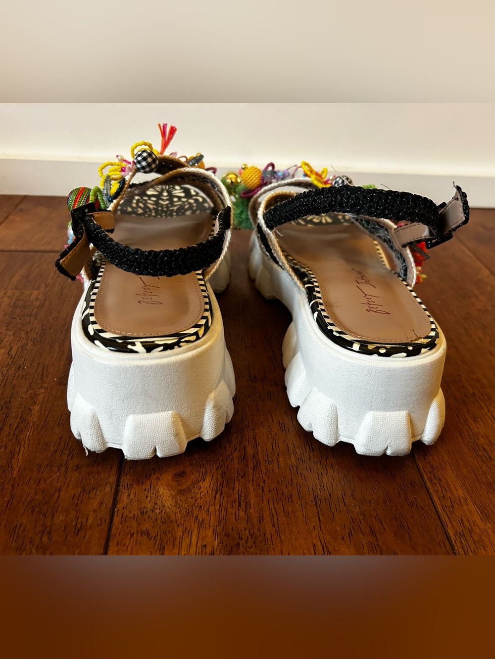 Betsey Johnson Graysen Black & White Beaded Floral Platform Sandal - Picture 5 of 7